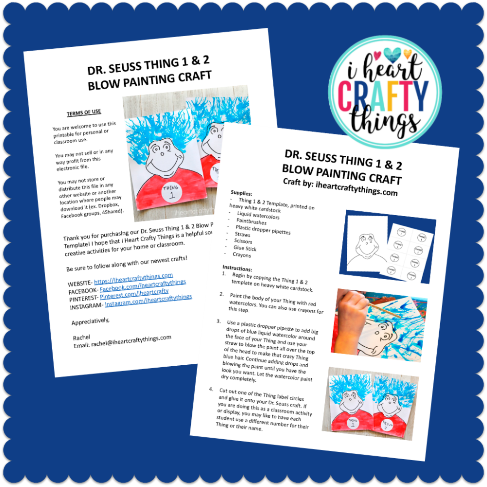 Dr. Seuss Craft - Thing 1 and Thing 2 Blow Painting Art Activity